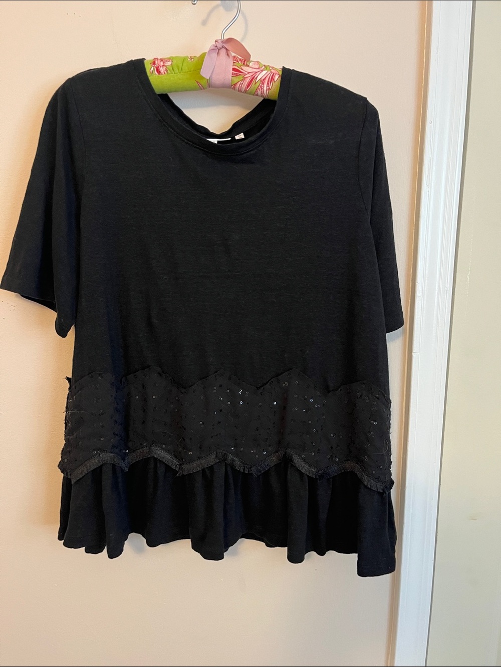 Chico's Black Short-Sleeve Peplum Top with Sequin Band